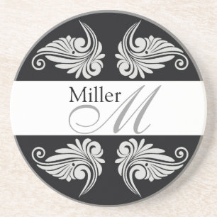Black Flourishes  Wedding Anniversary Monogram Coaster