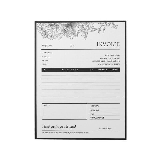 Black Flower Border Business Invoice Template Notepad (Rotated)