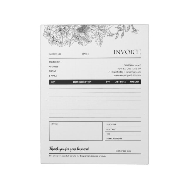 Black Flower Border Small Business Invoice Forms Notepad (Rotated)