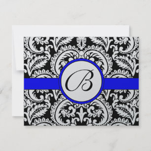 Black Flower Damask with Royal Blue Trim RSVP Card