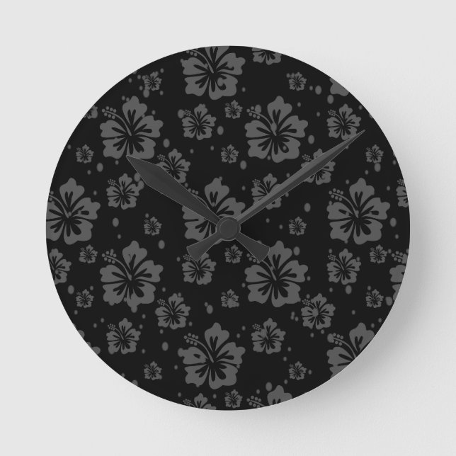 Black Flower Illustration on Black Background  Round Clock (Front)