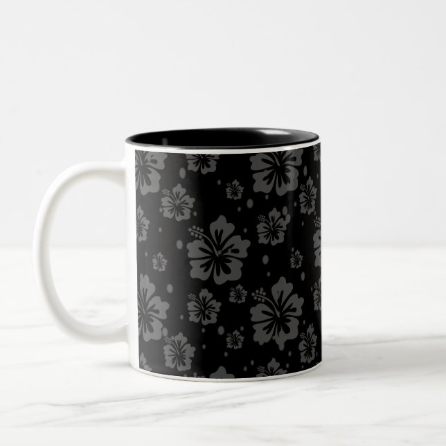 Black Flower Illustration on Black Background  Two-Tone Coffee Mug (Left)