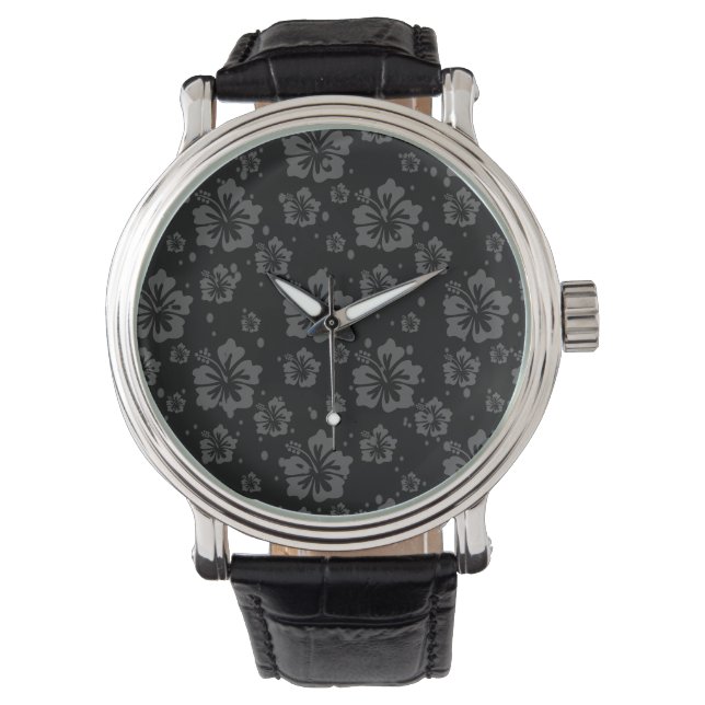Black Flower Illustration on Black Background  Watch (Front)