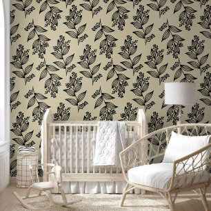 Black Flower Pattern Botanical Dark Floral Beige Wallpaper
