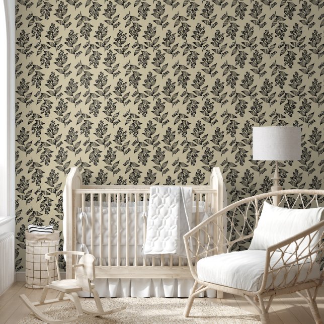 Black Flower Pattern Botanical Dark Floral Beige  Wallpaper (Kids)