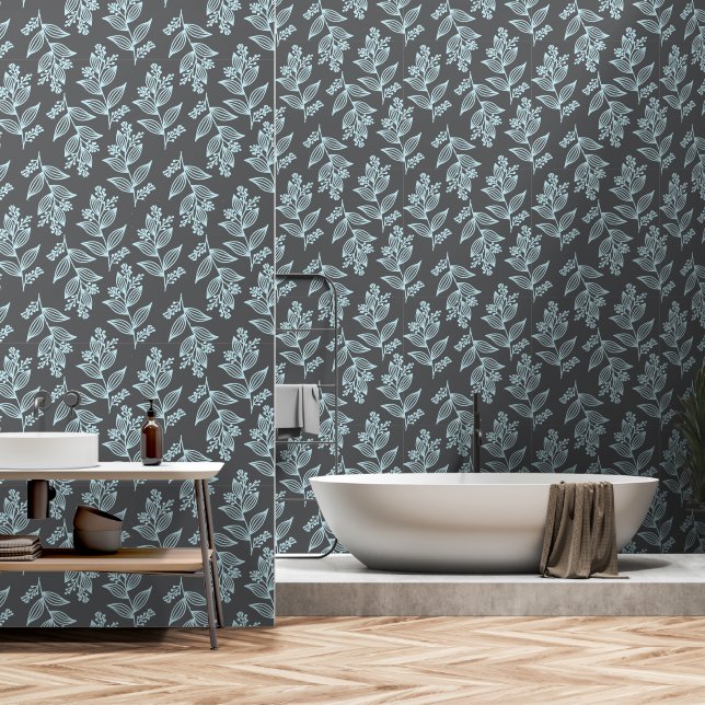 Black Flower Pattern Botanical Dark Floral Grey Wallpaper (Bathroom)
