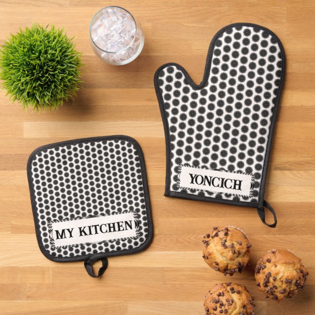Black Flower Ribbon by Kenneth Yoncich Oven Mitt & Pot Holder Set (Top Down)