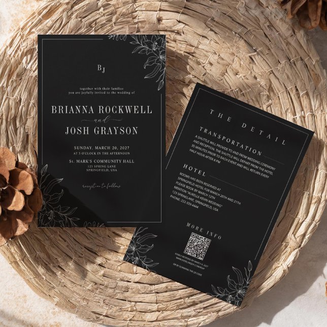 Black Flower Rustic Elegant Monogram QR Wedding  Invitation (Creator Uploaded)