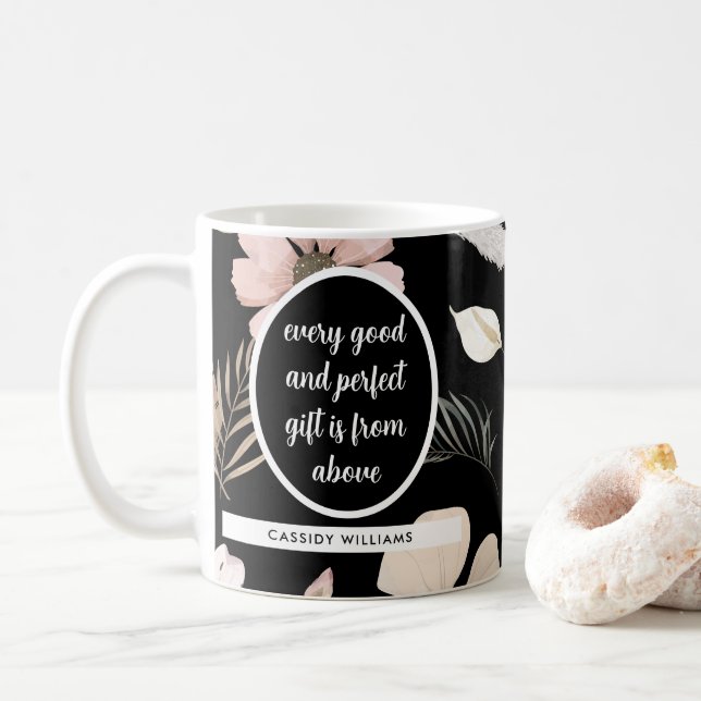 Black flower scripture coffee mug (With Donut)