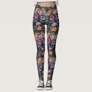 Black Flower Skull Leggings - Skull Fashions