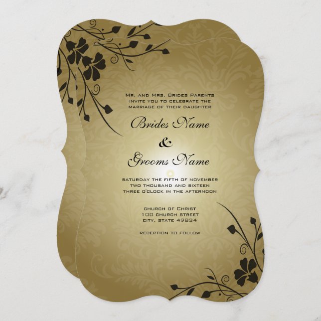 Black Flower Swirls on Gold Damask Wedding Invite (Front/Back)