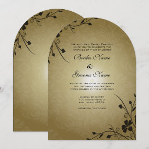 Black Flower Swirls on Gold Damask Wedding Invite