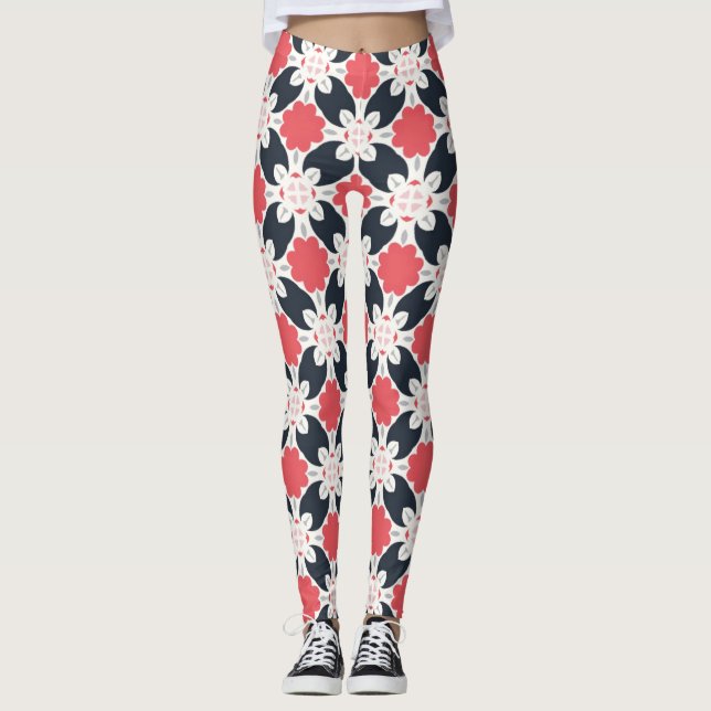 Black Flowers and Pink Flower Pattern Leggings (Front)