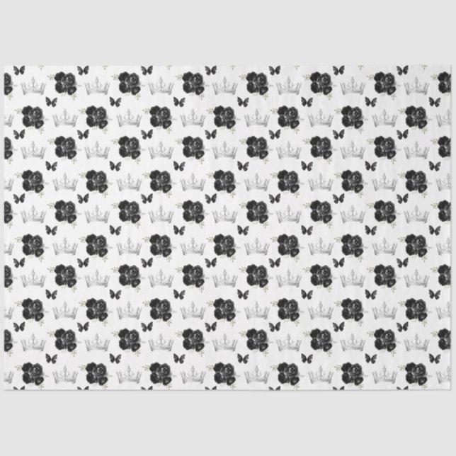 Black Flowers and Silver Crowns Tissue Paper (Front)