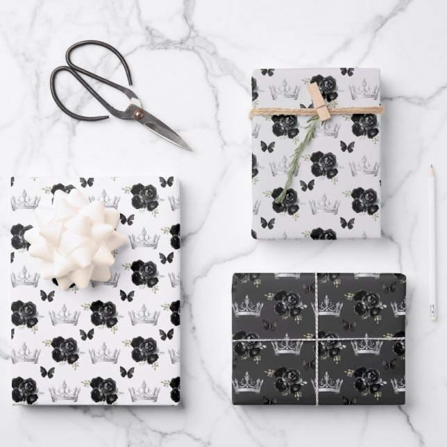 Black Flowers and Silver Crowns Wrapping Paper Sheet (Front)