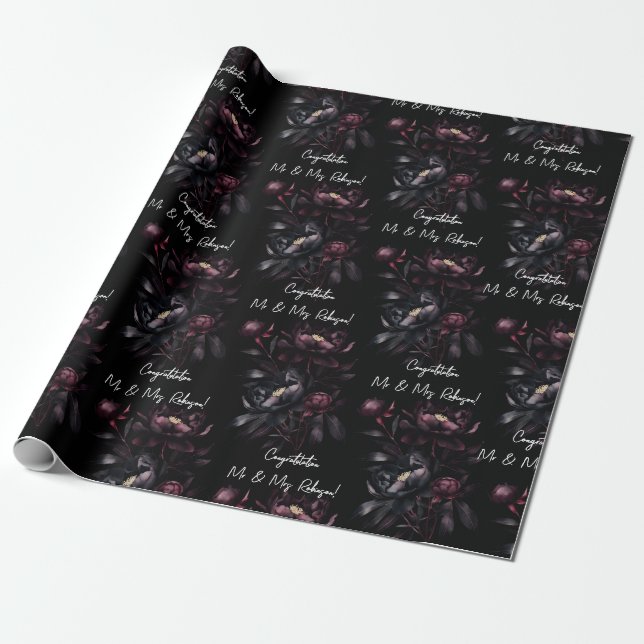 Black flowers congratulations mr and mrs wedding wrapping paper (Unrolled)