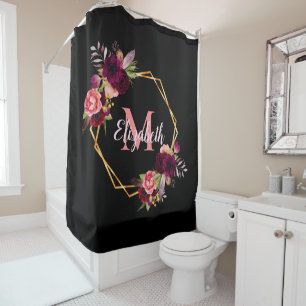 Black flowers geometric burgundy monogram shower curtain