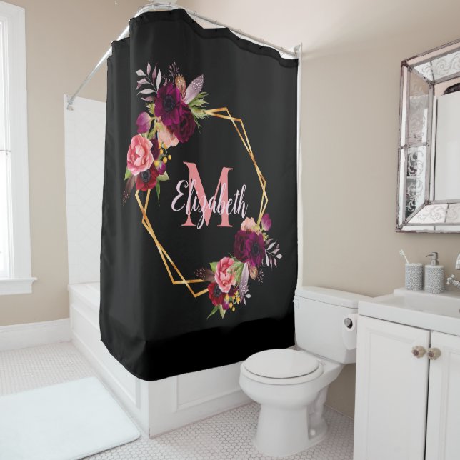Black flowers geometric burgundy monogram shower curtain (In Situ)
