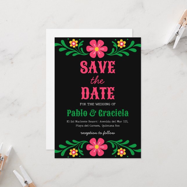 black flowers mexican save the date invitation (Front/Back In Situ)