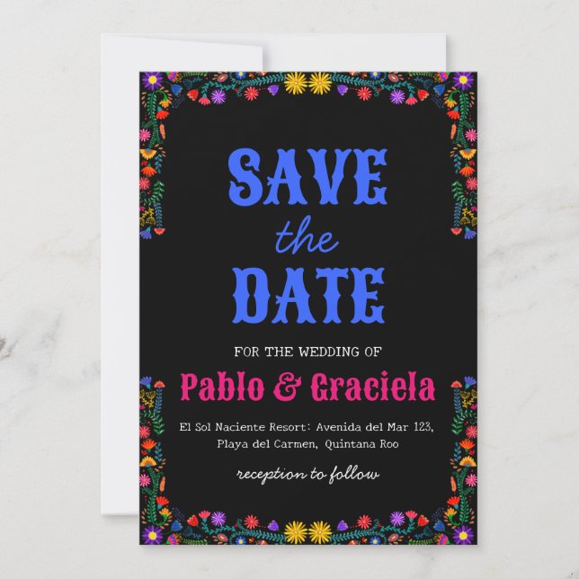 black flowers mexican save the date invitation (Front)