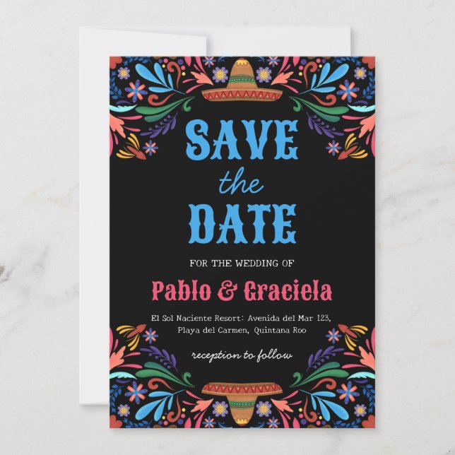 black flowers mexican save the date invitation (Front)
