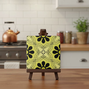 Black Flowers on Lime Green Background Pattern Ceramic Tile