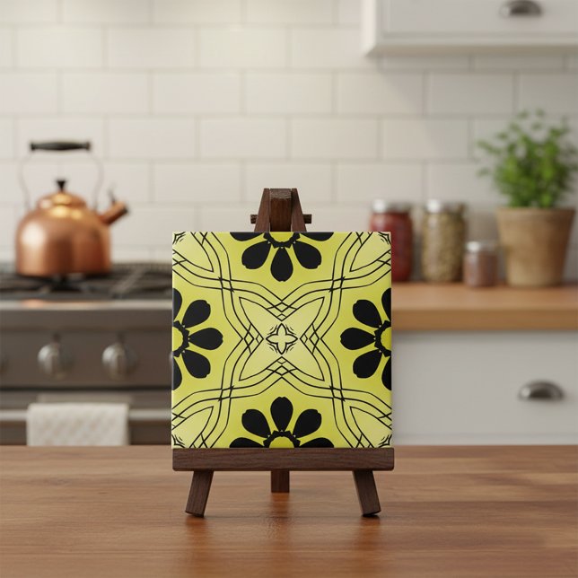 Black Flowers on Lime Green Background Pattern Ceramic Tile (Creator Uploaded)