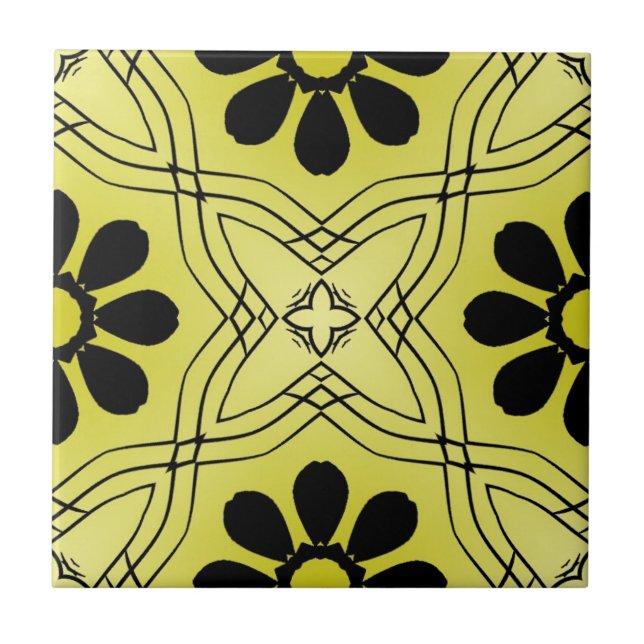 Black Flowers on Lime Green Background Pattern Ceramic Tile (Front)