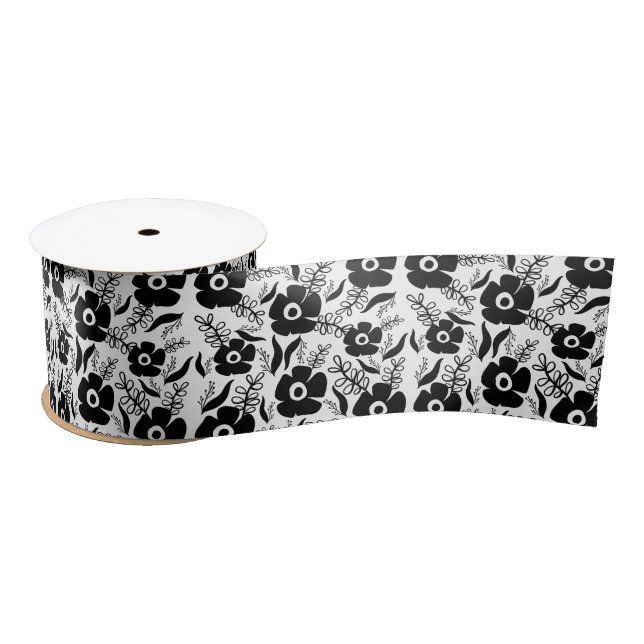 Black Flowers On White Satin Ribbon (Spool)