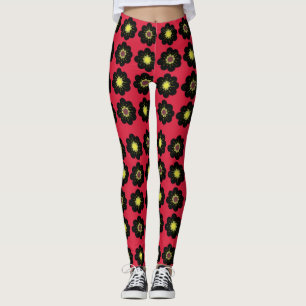 Black Flowers Red Background Scandinavian Flowers  Leggings
