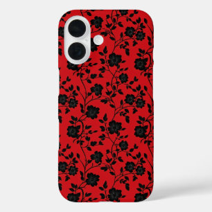 Black Flowers Red iPhone 16 Case