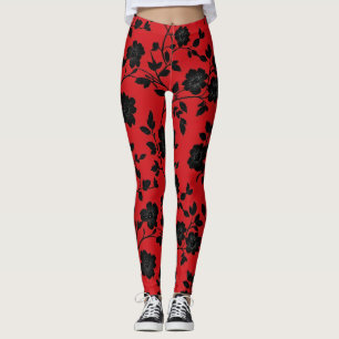 Black Flowers Red Leggings
