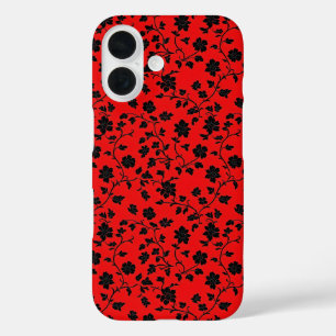 Black Flowers Red Pattern iPhone 16 Case