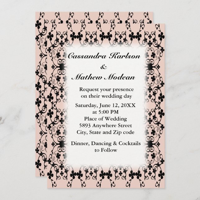 Black Flowers Vines Pale Dogwood or Colour Choice Invitation (Front/Back)