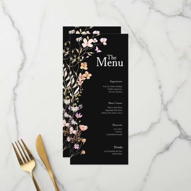 Black Flowers Wedding Event Menu Table Decor (Front/Back In Situ)