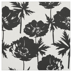 Black flowers, white, Monochrome Fabric