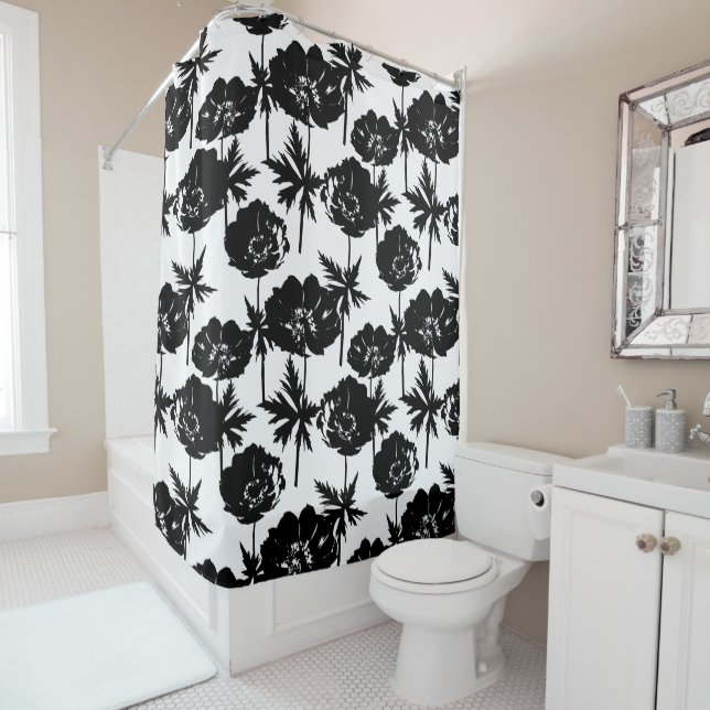 Black flowers, white, Monochrome Shower Curtain (In Situ)