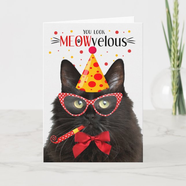 Black Fluffy Cat MEOWvelous Birthday Card (Front)