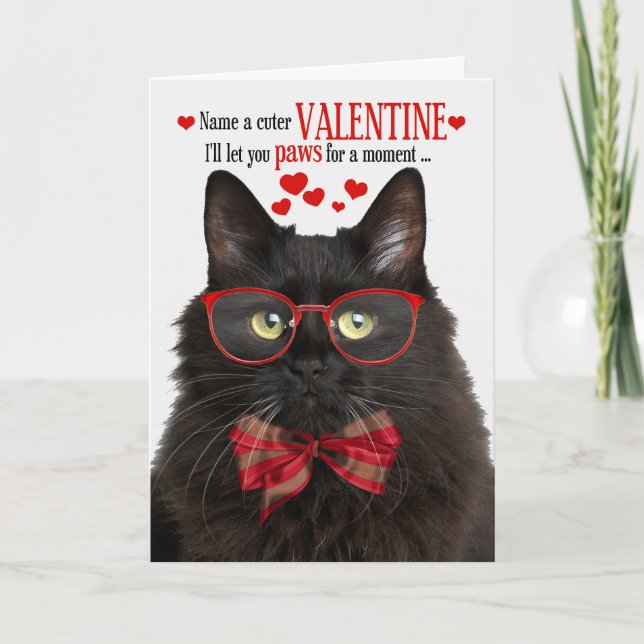 Black Fluffy Cat Valentine's Day Feline Humour Holiday Card (Front)