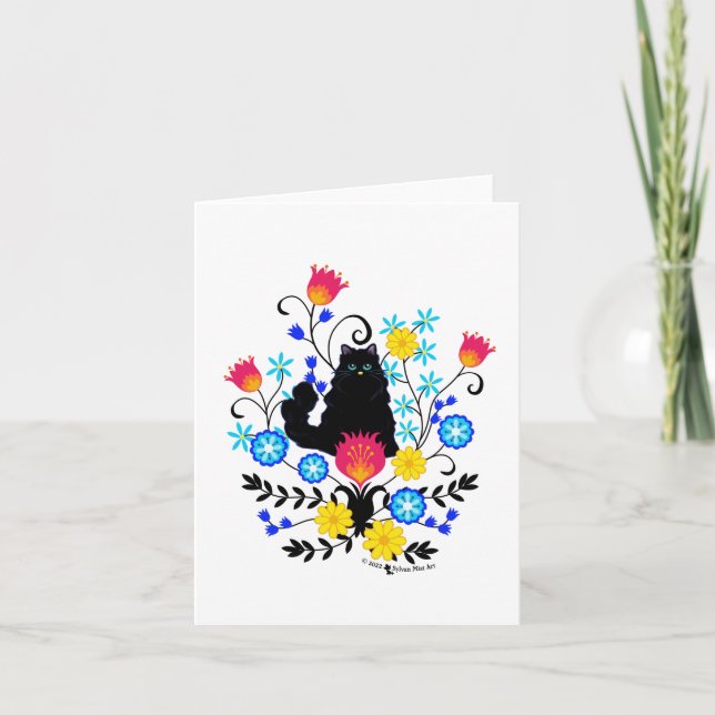 Black Fluffy Cat with Flowers Card (Front)