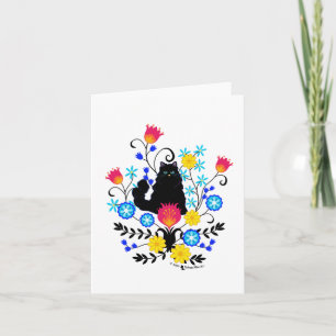 Black Fluffy Cat with Flowers Card