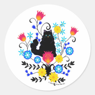 Black Fluffy Cat with Flowers Classic Round Sticker