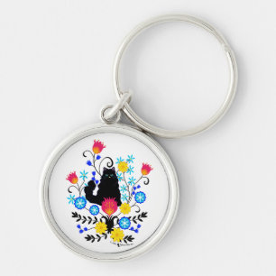 Black Fluffy Cat with Flowers Key Ring