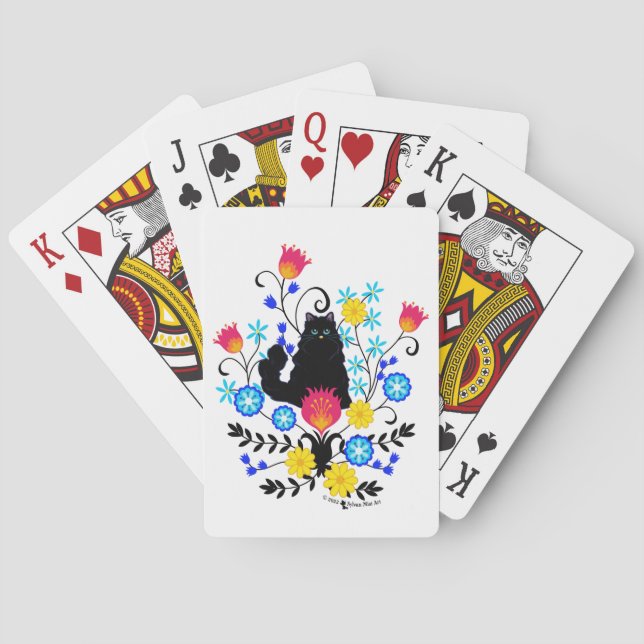 Black Fluffy Cat with Flowers Playing Cards (Back)