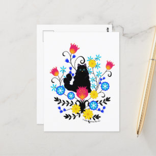 Black Fluffy Cat with Flowers Postcard