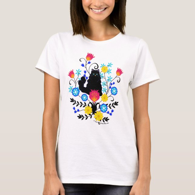 Black Fluffy Cat with Flowers T-Shirt (Front)