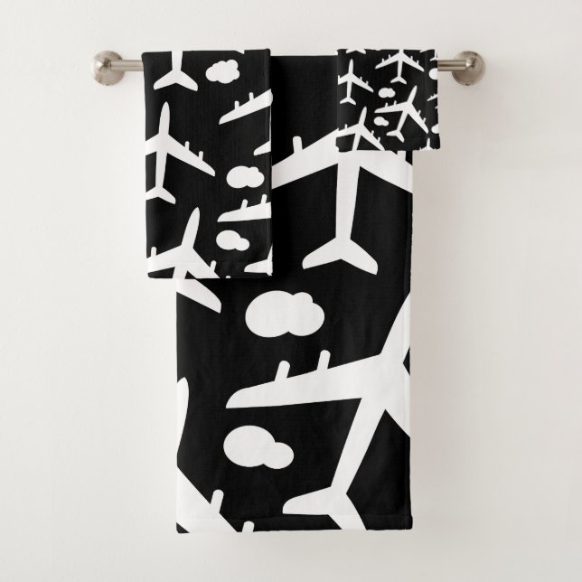 Black Flying aeroplanes aircraft pattern  Bath Towel Set (Insitu)