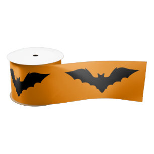 Black Flying Bat Silhouette On Orange Halloween Satin Ribbon