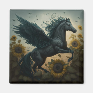 Black Flying Horse Sunflower Fantasy Magnet