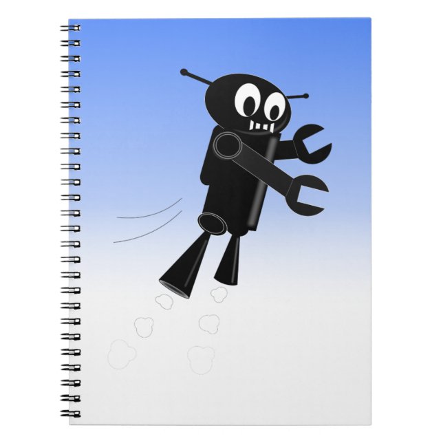 Black Flying Robot Blue Sky Background Notebook (Front)